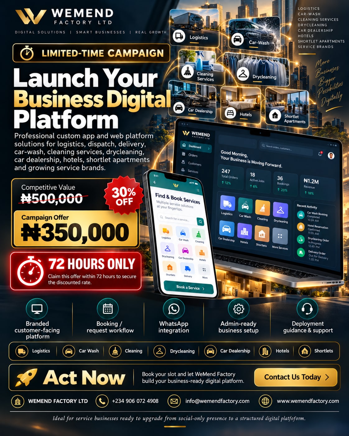WeMend Factory limited-time digital platform campaign for logistics, car wash, cleaning, drycleaning, car dealership, hotel and shortlet businesses.